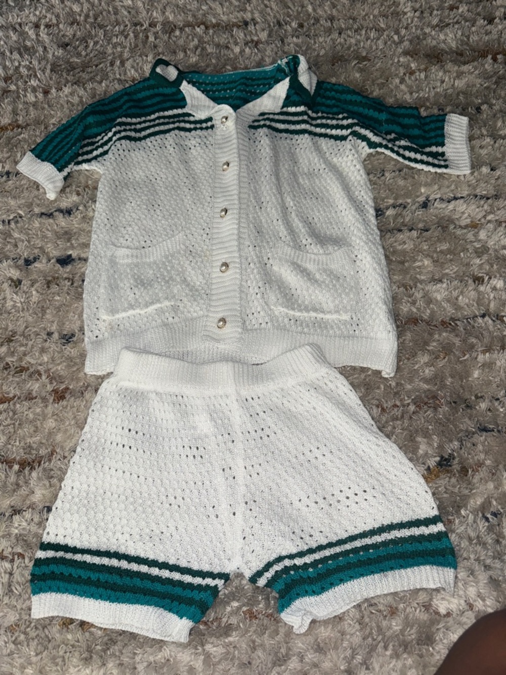 White Knit Two-Piece Sweater Set with Teal & Black Stripes